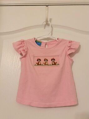 Pink Striped Puppy Smocked Short Sleeve Top